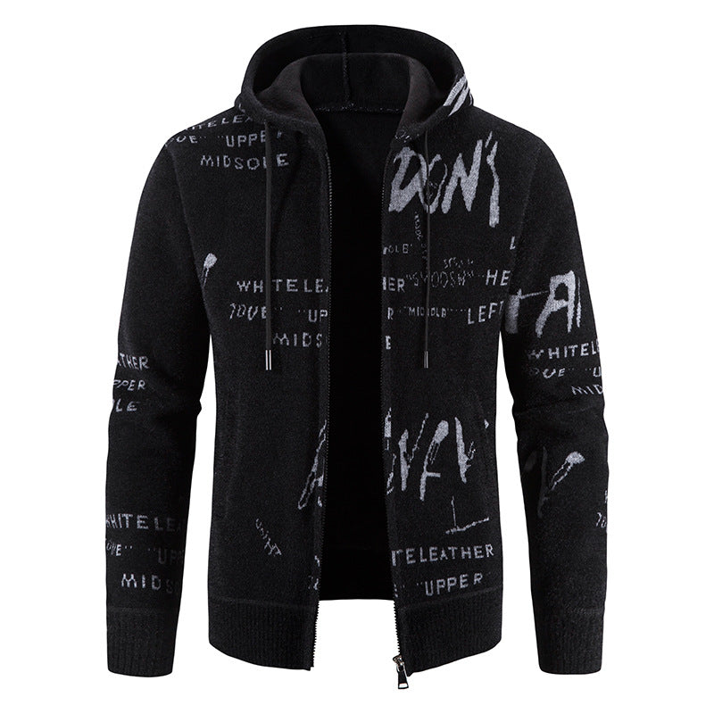 Herren Strick-Kapuzenjacke mit durchgehendem Reißverschluss, grafischem Allover-Print und Eingrifftaschen Drune