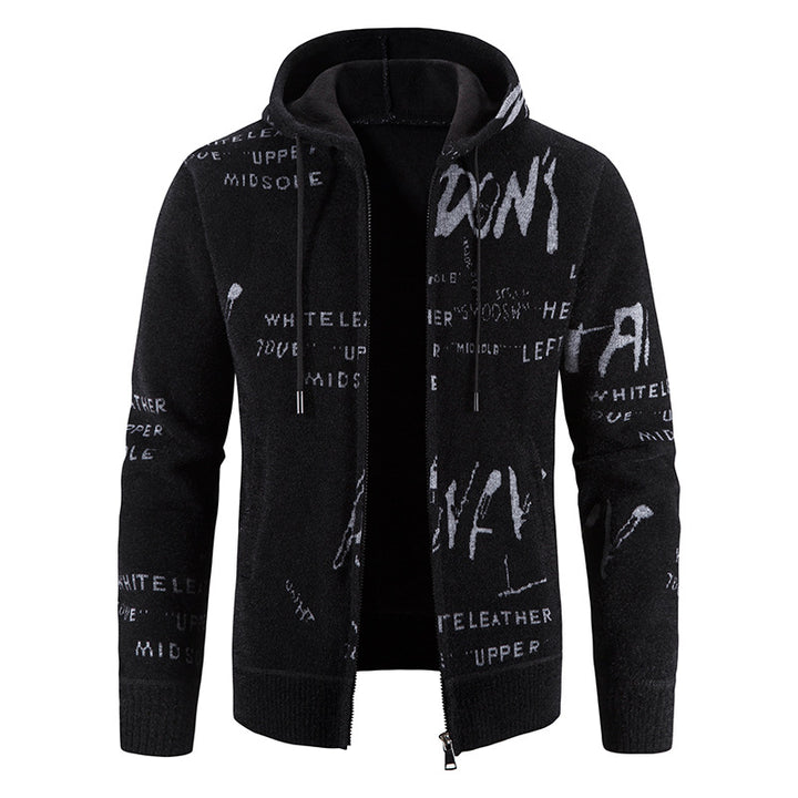 Herren Strick-Kapuzenjacke mit durchgehendem Reißverschluss, grafischem Allover-Print und Eingrifftaschen Drune
