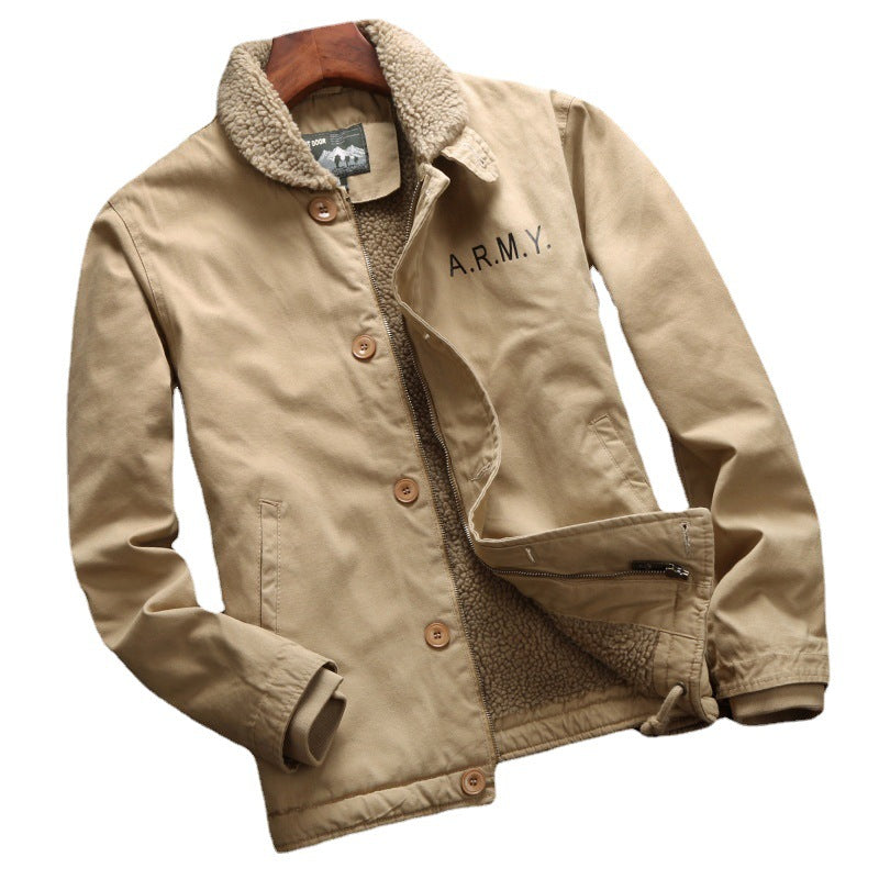 Herren Gefütterter Canvas‑Blouson mit Teddyfleece‑Innenfutter, Hemdkragen und Military‑Print Drune