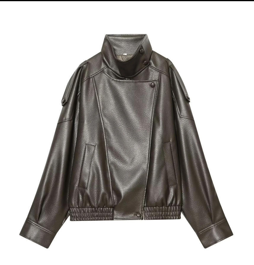 Damen Cropped Kunstleder‑Bomber mit asymmetrischer Druckknopfblende und Funnelkragen Drune