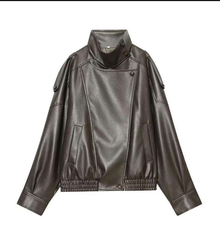 Damen Cropped Kunstleder‑Bomber mit asymmetrischer Druckknopfblende und Funnelkragen Drune