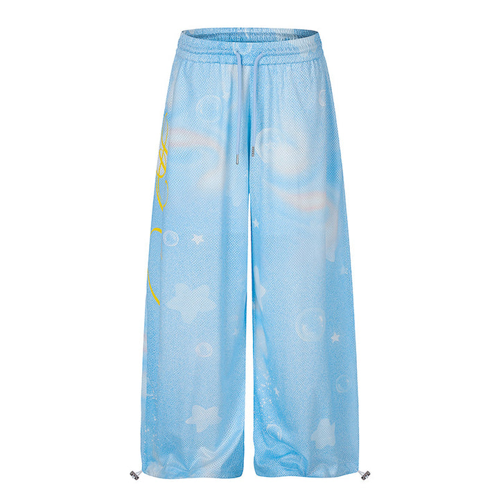 Damen Weite Mesh‑Palazzo‑Loungehose mit elastischem Komfortbund und Stern-Bubble-Print Drune