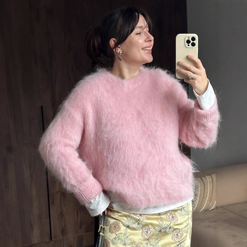 Damen Oversized Mohairpullover mit flauschiger Textur und Rundhalsausschnitt Drune
