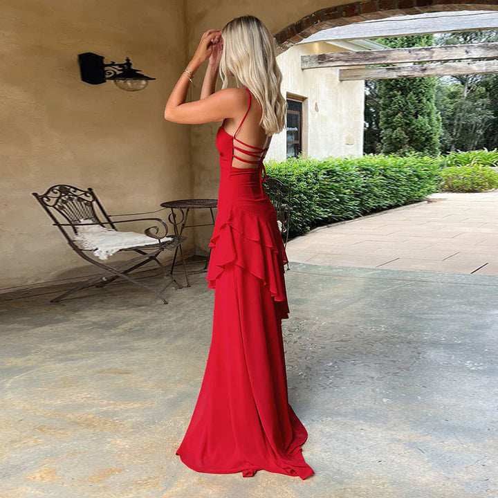 Damen elegantes Maxikleid mit voluminösem Rüschendesign Drune