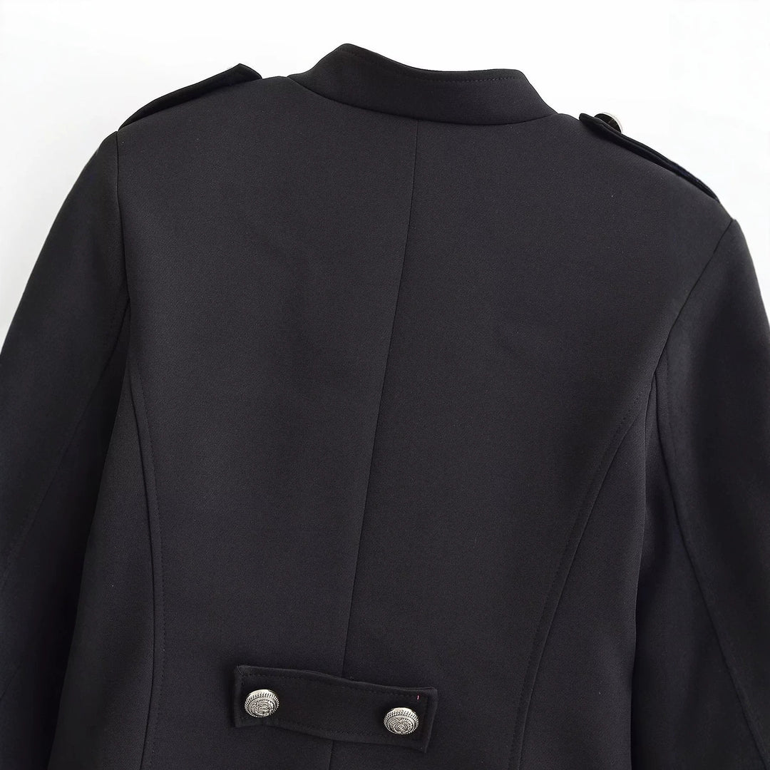 Damen Kurzblazer im militärischen Doppierreihen‑Stil mit Stehkragen und Zierknöpfen Drune