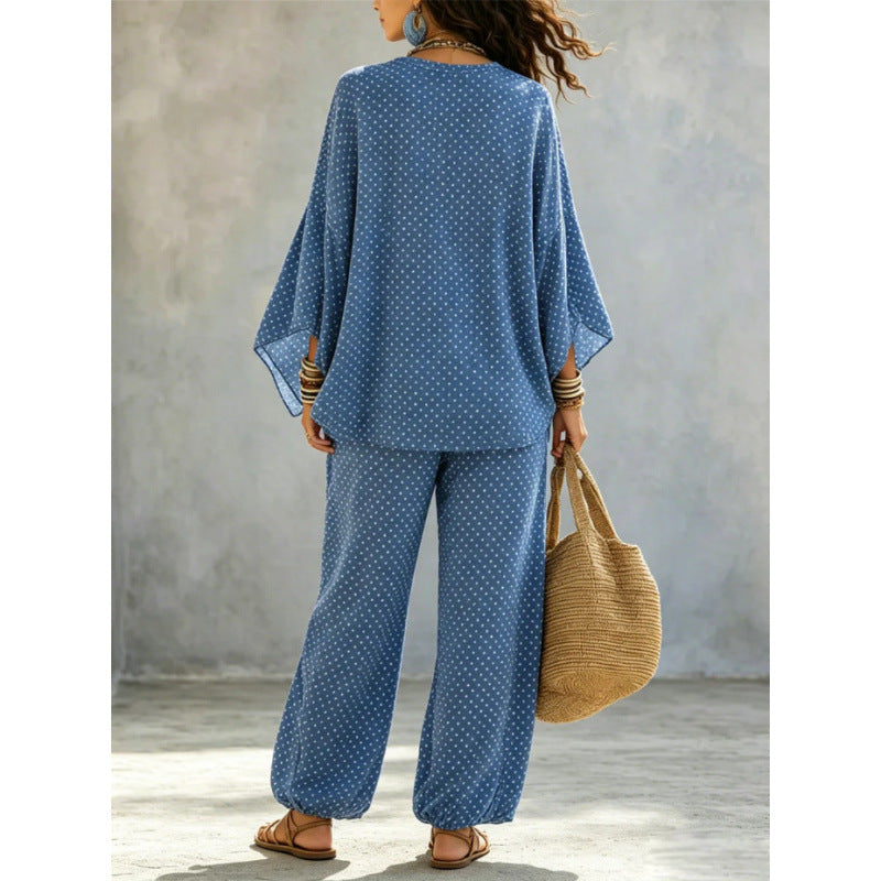Damen Boho-Lounge-Set mit weitem V-Ausschnitt, Fledermausärmeln und elastischer Bund-Palazzohose Drune