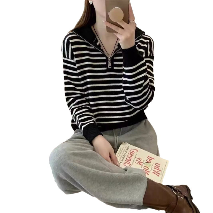 Damen lässiger Pullover mit Reißverschluss und Streifenmuster Drune