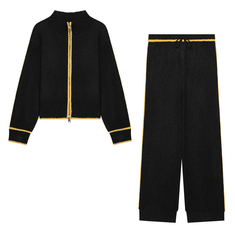 Damen Zweiteiliges Strick-Loungewear-Set mit kurzem Reißverschluss-Cardigan und hoher Bund-Palazzo-Hose Drune