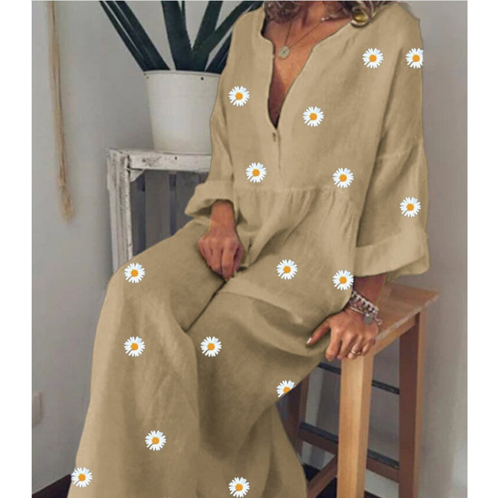 Damen Langes Leinenoptik Maxikleid mit tiefem V‑Ausschnitt, lockerer Empire‑Taillierung und Margeritenprint Drune