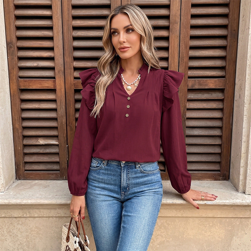 Damen Verspielte Bluse mit Rüschensleeves und Knopfdetails Drune