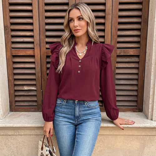 Damen Verspielte Bluse mit Rüschensleeves und Knopfdetails Drune