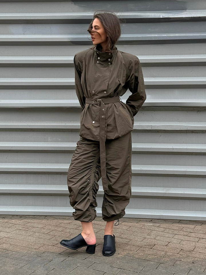 Damen modische Utility-Jacke mit Taillengürtel und trendy Knopfdetails Drune