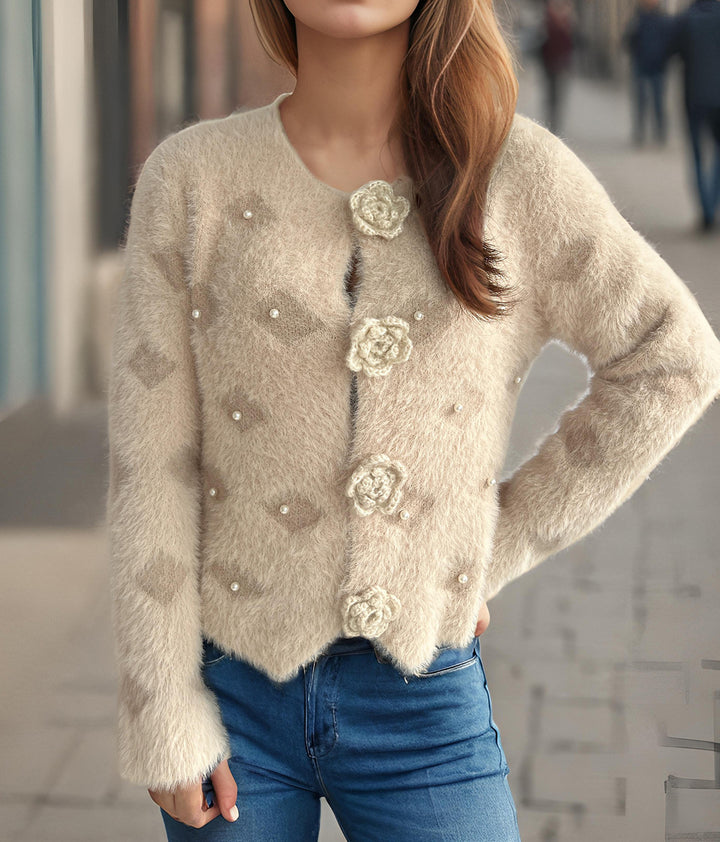 Damen Strickjacke mit floralen Applikationen und perlverzierter Detail Drune