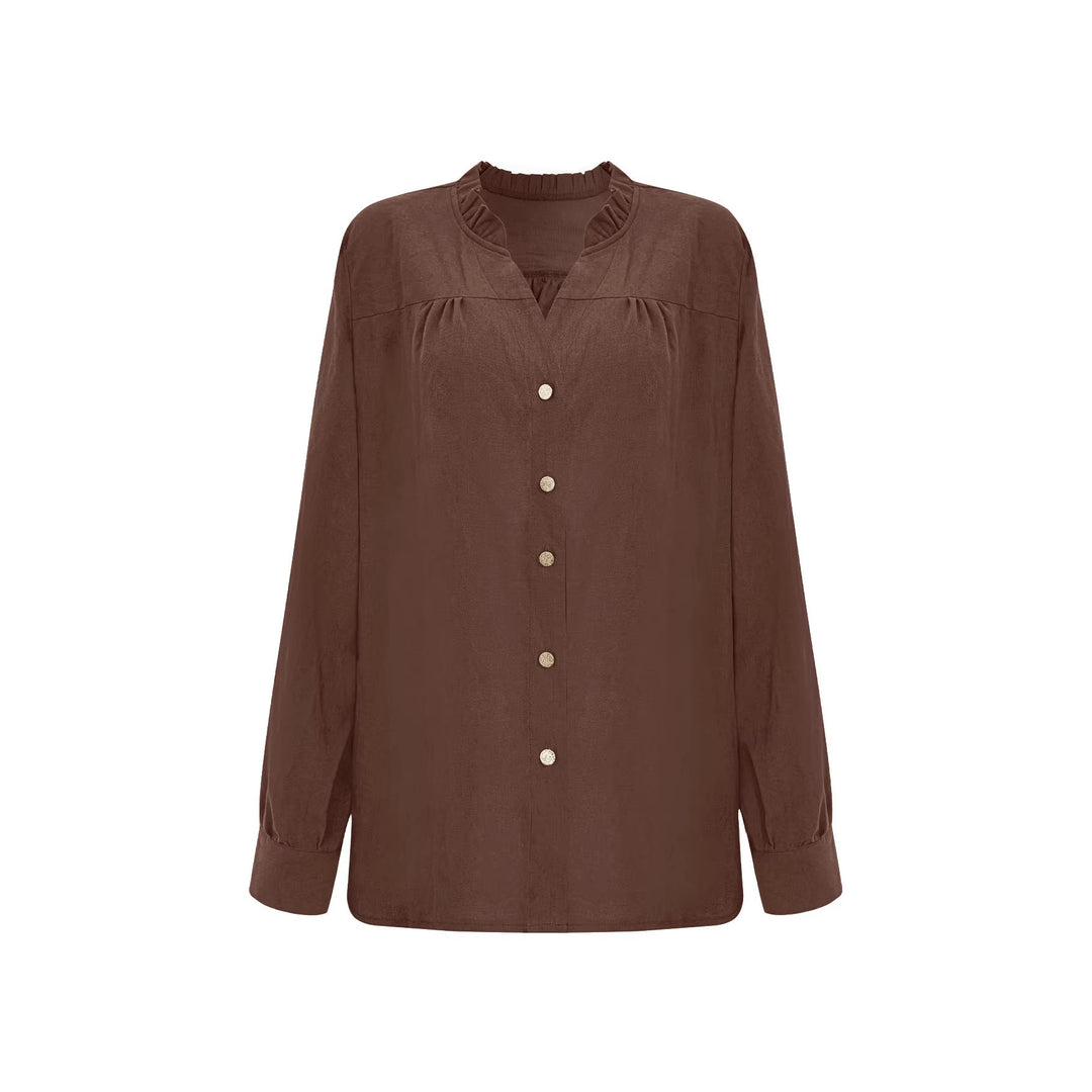 Damen Lockeres Blusenshirt mit V-Ausschnitt, Rüschensaum und goldenen Zierknöpfen Drune