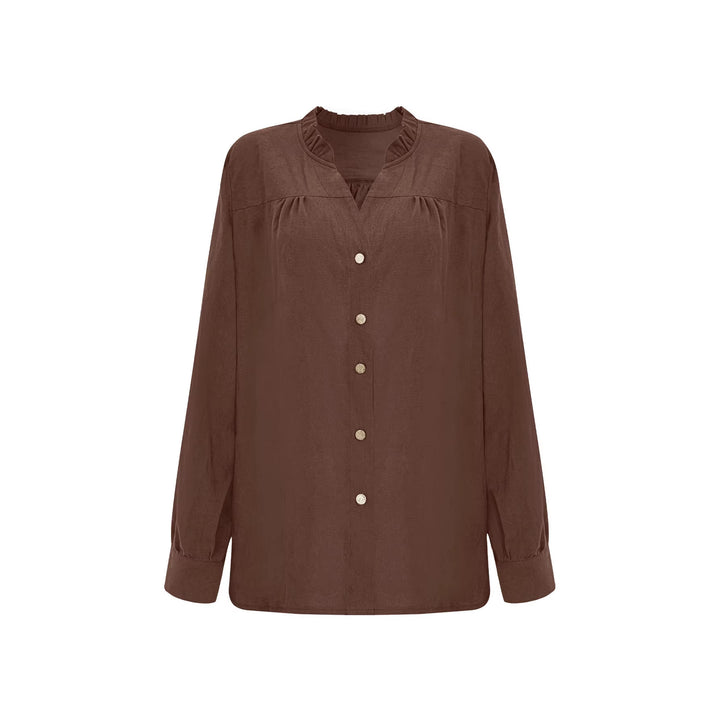 Damen Lockeres Blusenshirt mit V-Ausschnitt, Rüschensaum und goldenen Zierknöpfen Drune