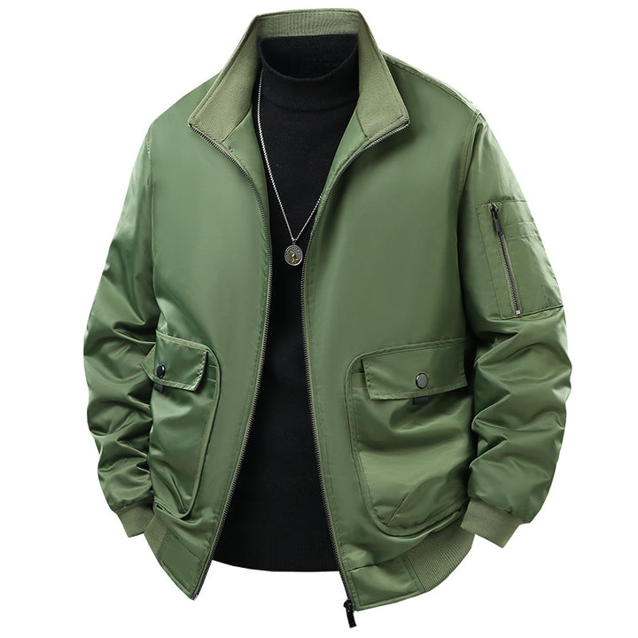 Men's  short-collar technical bomber jacket with zipped sleeve utility pocket and snap cargo flap pockets Drune