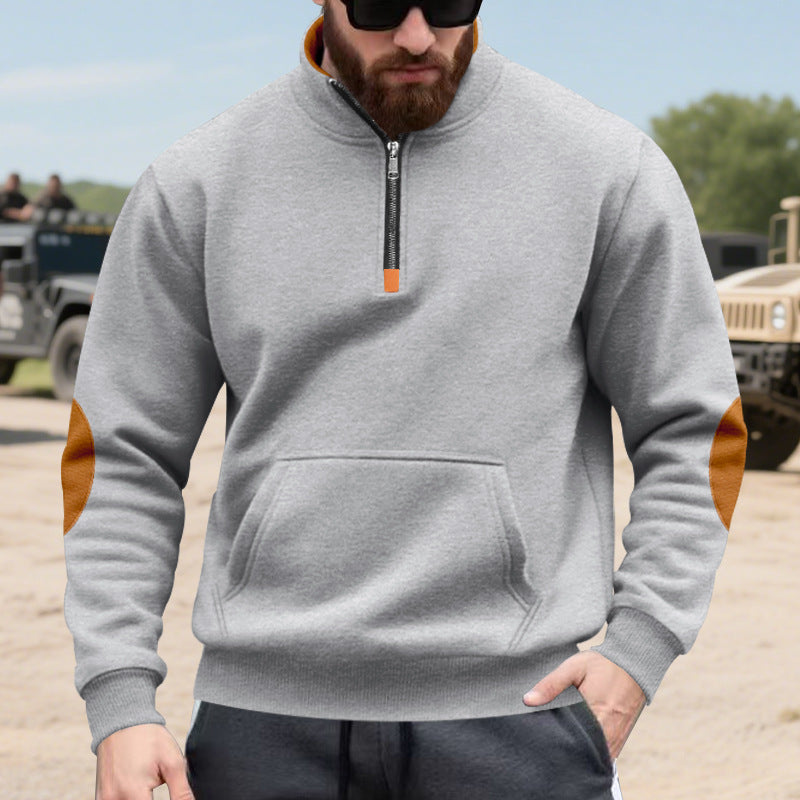 Herren nan Halbzip-Sweatshirt mit Stehkragen, Kängurutasche und kontrastierenden Ellbogenpatches Drune
