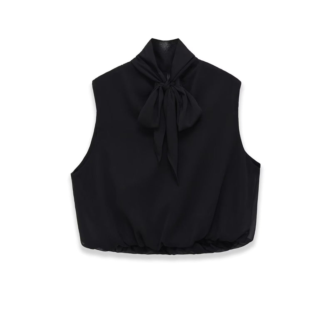 Damen Ärmellose Chiffonbluse mit Schleifenkragen und elastischem Saum Drune