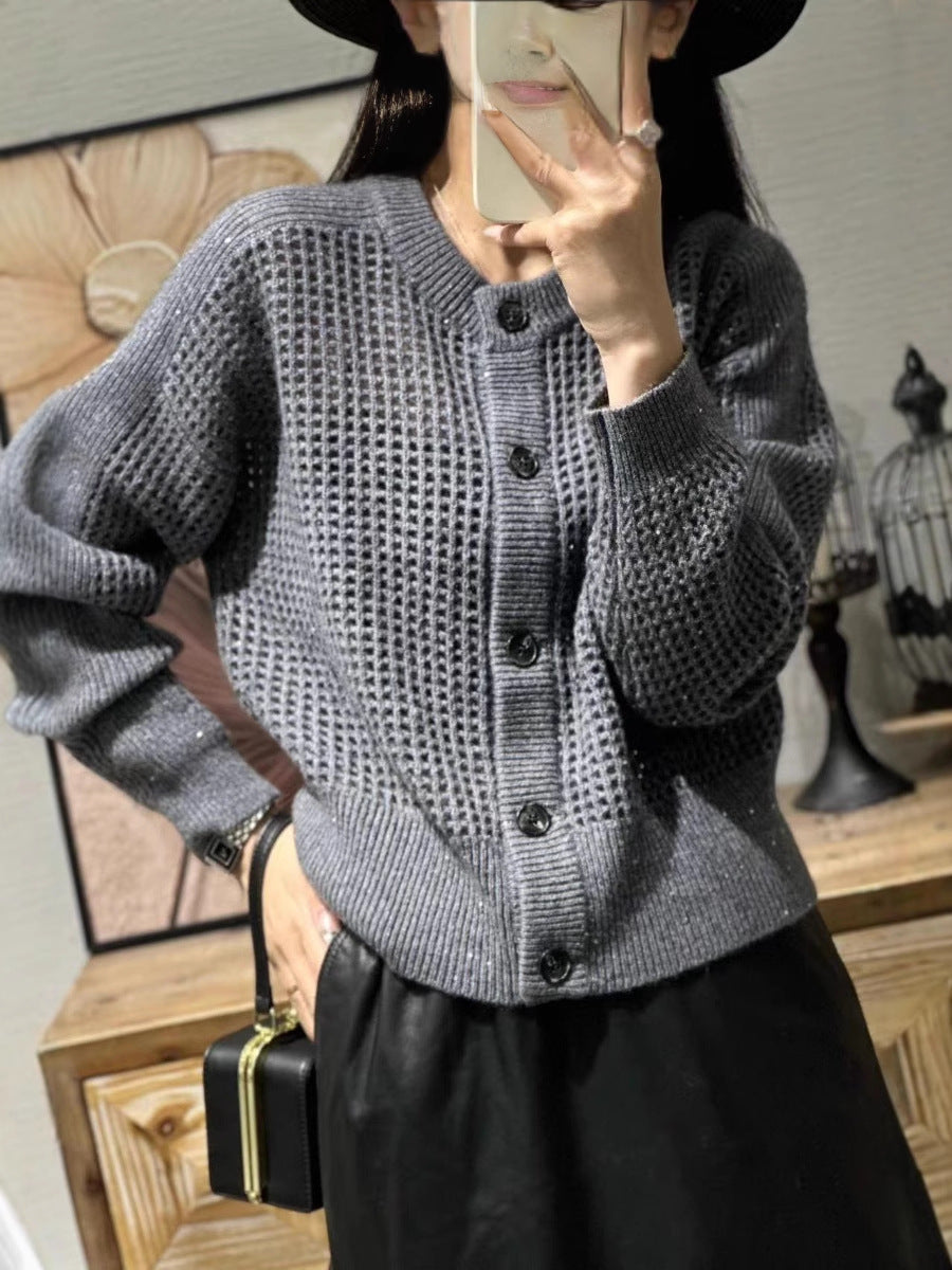 Damen Lockerer Mesh‑Cardigan mit Gitter‑Ajour, Rundhalsausschnitt und Knopfleiste Drune