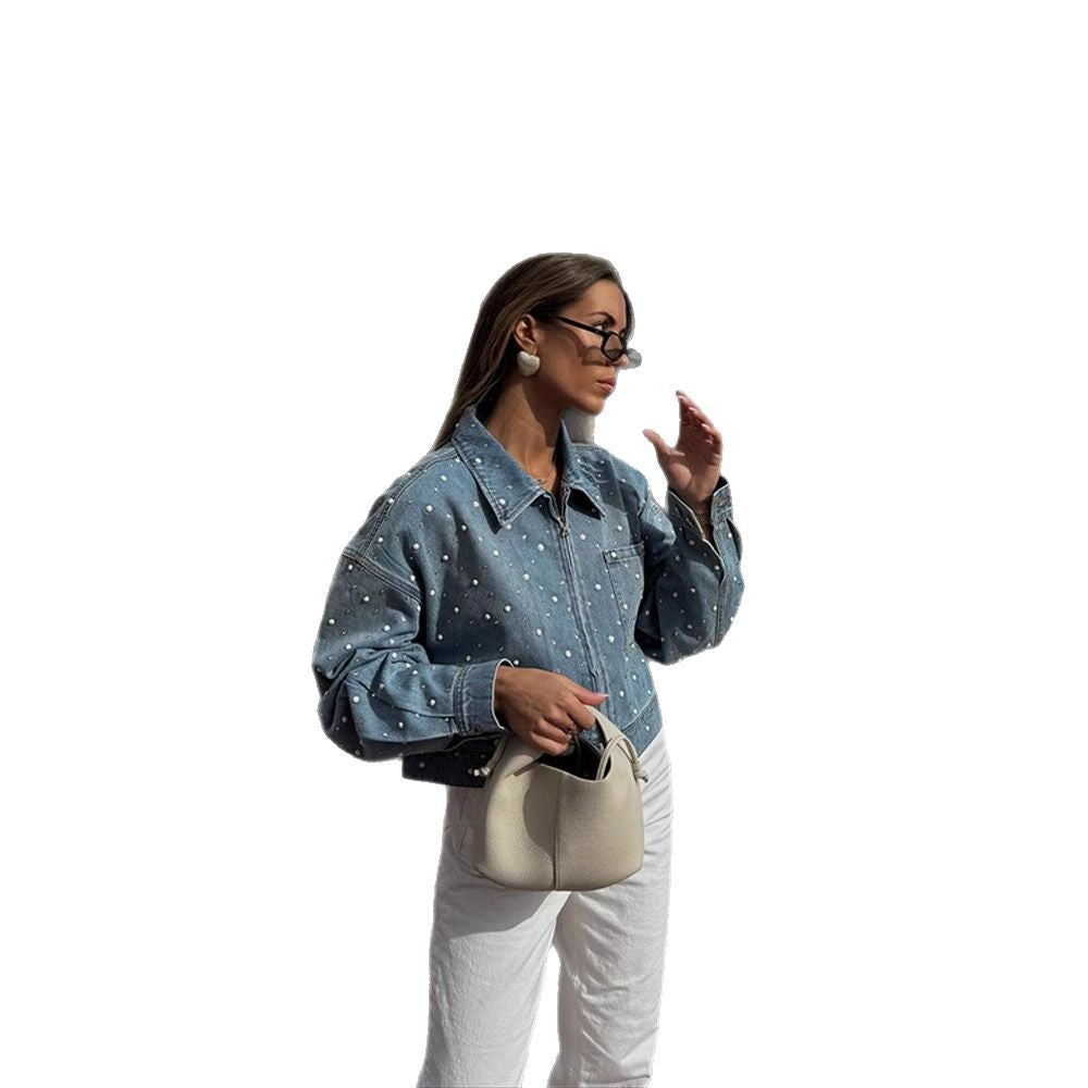 Damen Gekürzte Denim-Jacke mit Perlenbesatz und Oversize-Ärmeln Drune