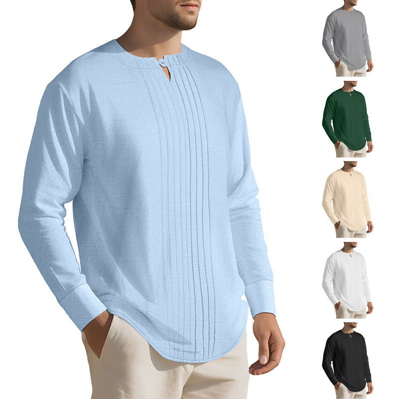 Herren Leichtes Langarmshirt im Leinenlook mit Stehkragen, Kellerfalten und Schlaufenverschluss Drune