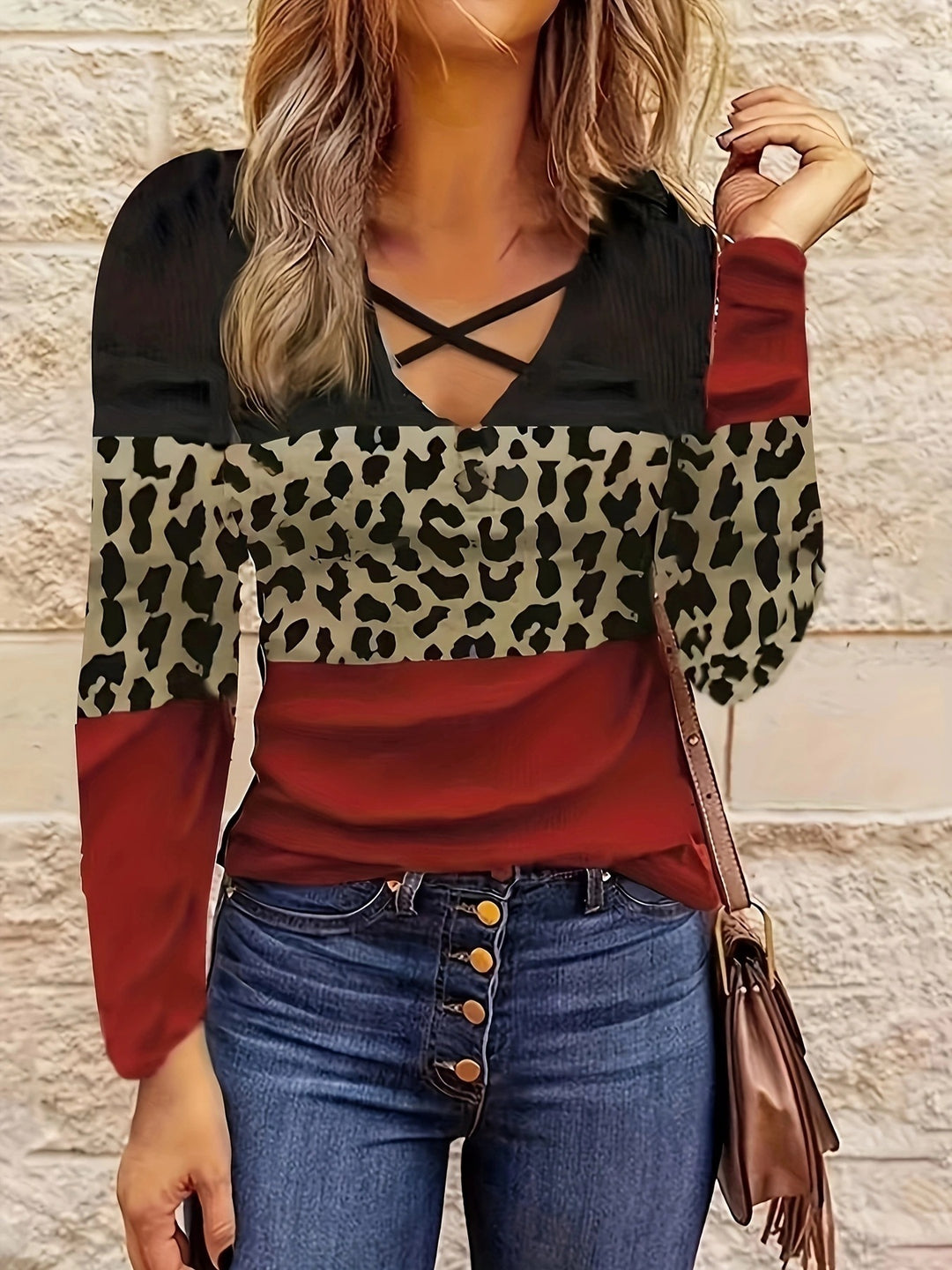 Damen lässiges Langarmshirt mit modischem Leopardenmuster und raffiniertem V-Ausschnitt Drune