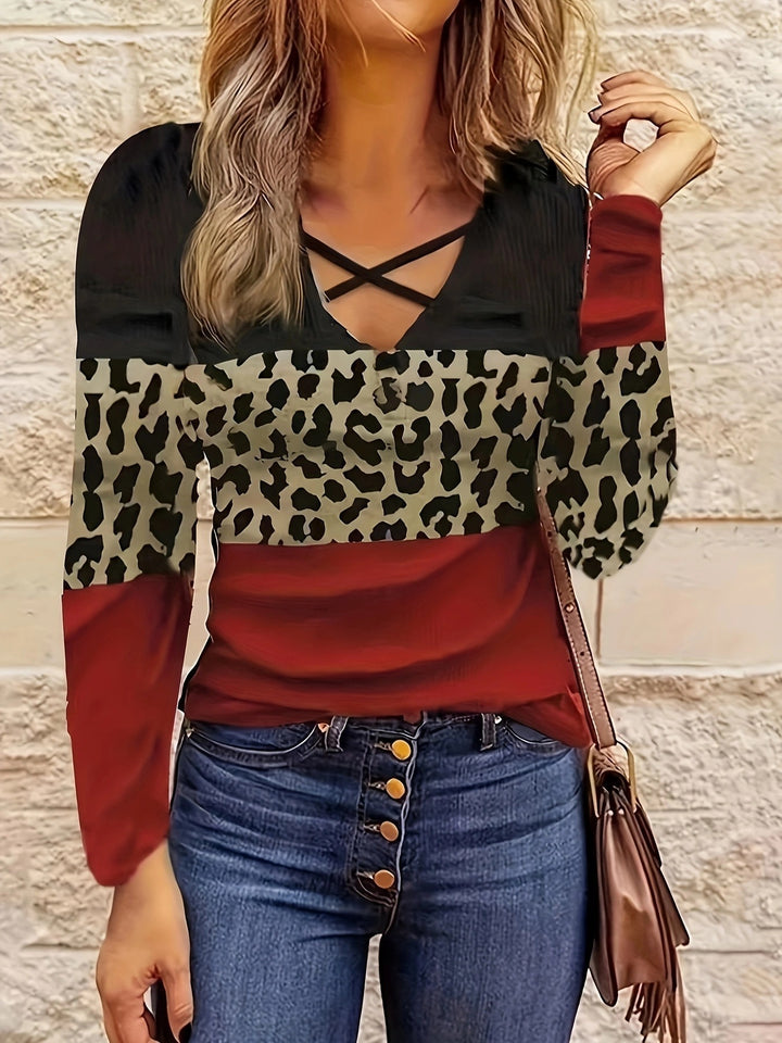 Damen lässiges Langarmshirt mit modischem Leopardenmuster und raffiniertem V-Ausschnitt Drune
