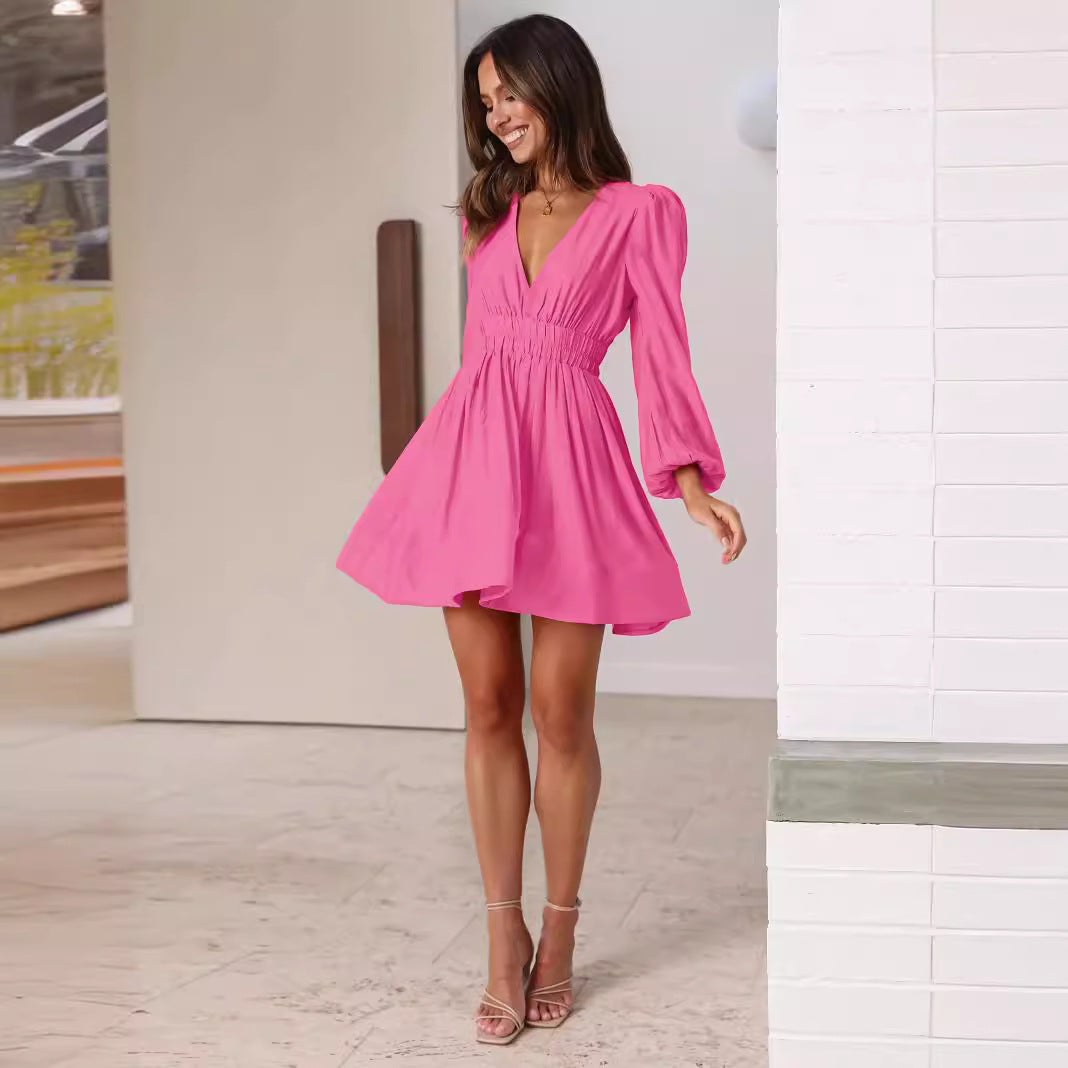 Damen Minikleid mit V-Ausschnitt und Puffärmeln Drune