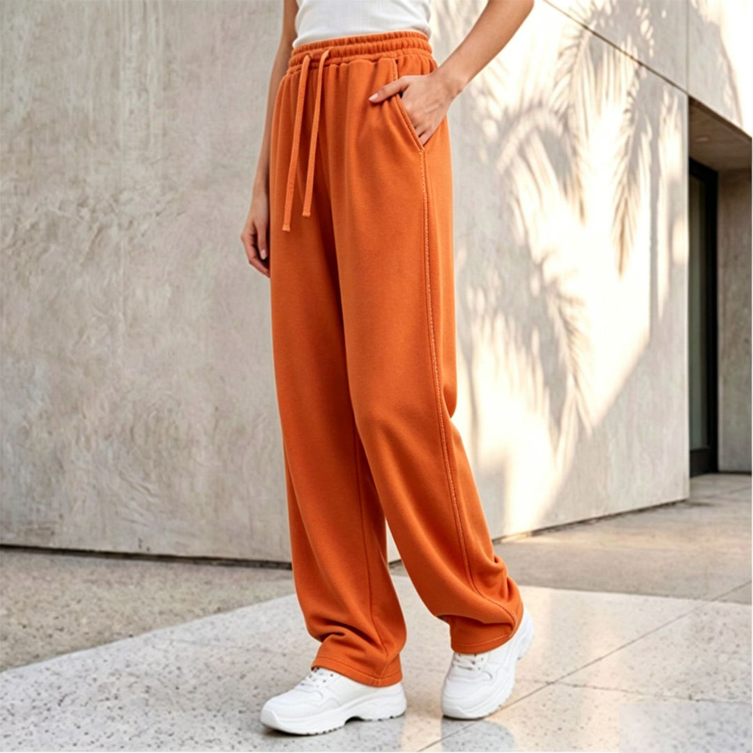Damen nan weite Loungepalazzo-Hose mit hohem Komfortbund, Kordelzug, seitlichen Eingrifftaschen und dekorativer Seitennaht Drune