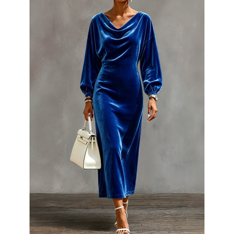 Damen Midikleid aus Samt mit drapiertem Wasserfallkragen und Ballonärmeln Drune
