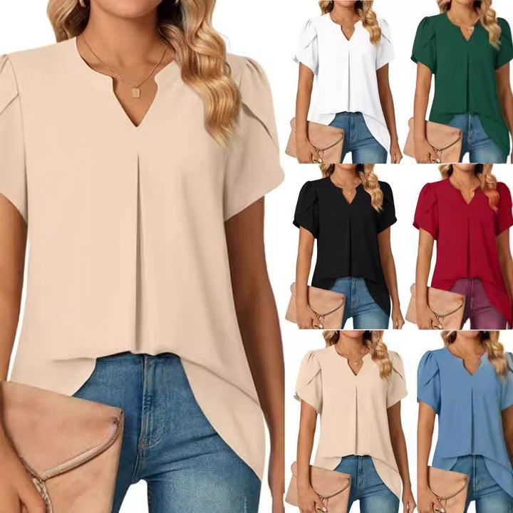 Damen Bluse mit eleganter V-Ausschnitt-Detail und leichten Puffärmeln Drune