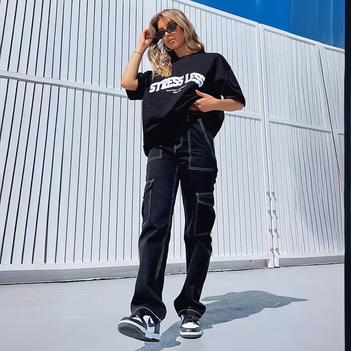 Damen lässige Cargo-Jeans mit tiefen Taschen und weitem Bein Drune