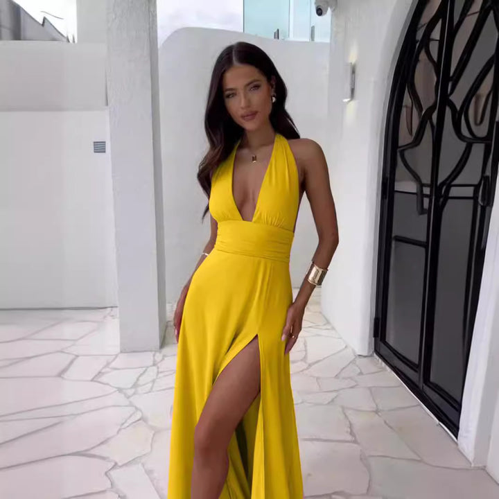 Damen Elegantes Maxikleid mit tiefem V-Ausschnitt und hohem Schlitz Drune