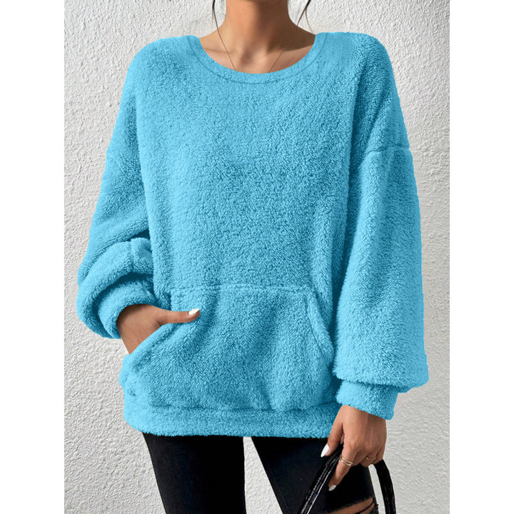 Damen Kuscheliger Oversize-Sherpa-Pullover mit Kängurutasche und Ballonärmeln Drune