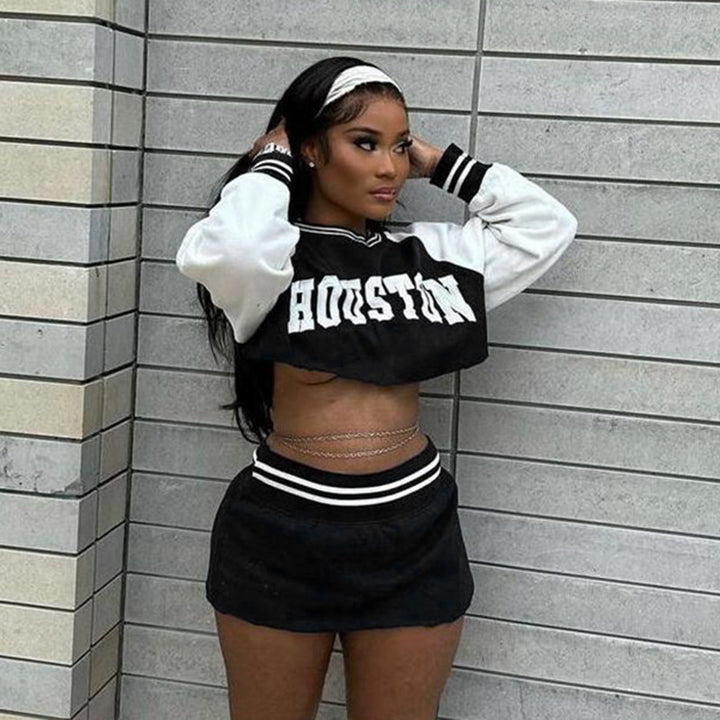 Damen Zweiteiliges Sportives Crop-Sweatshirt- und Minirock-Set mit Raglanärmeln und geripptem Taillenbund Drune