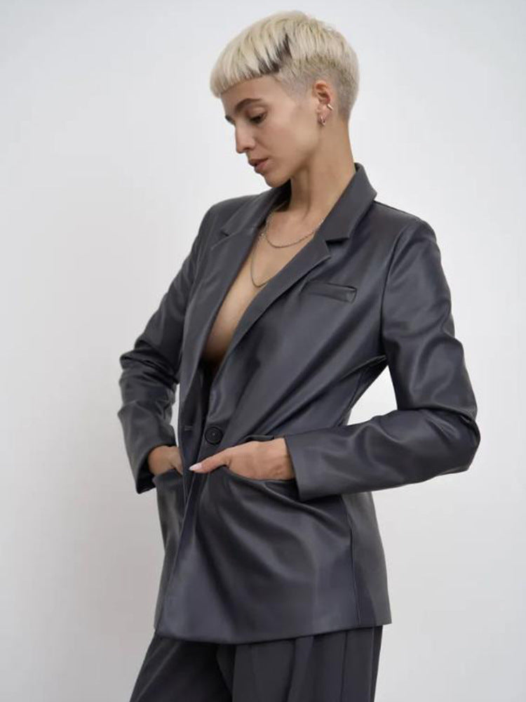 Damen minimalistische und elegante Kunstleder Blazer Drune