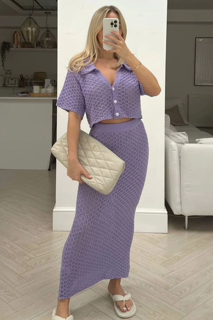 Damen lässiges Strick-Set mit cropped Jacke und Wickelrock Drune