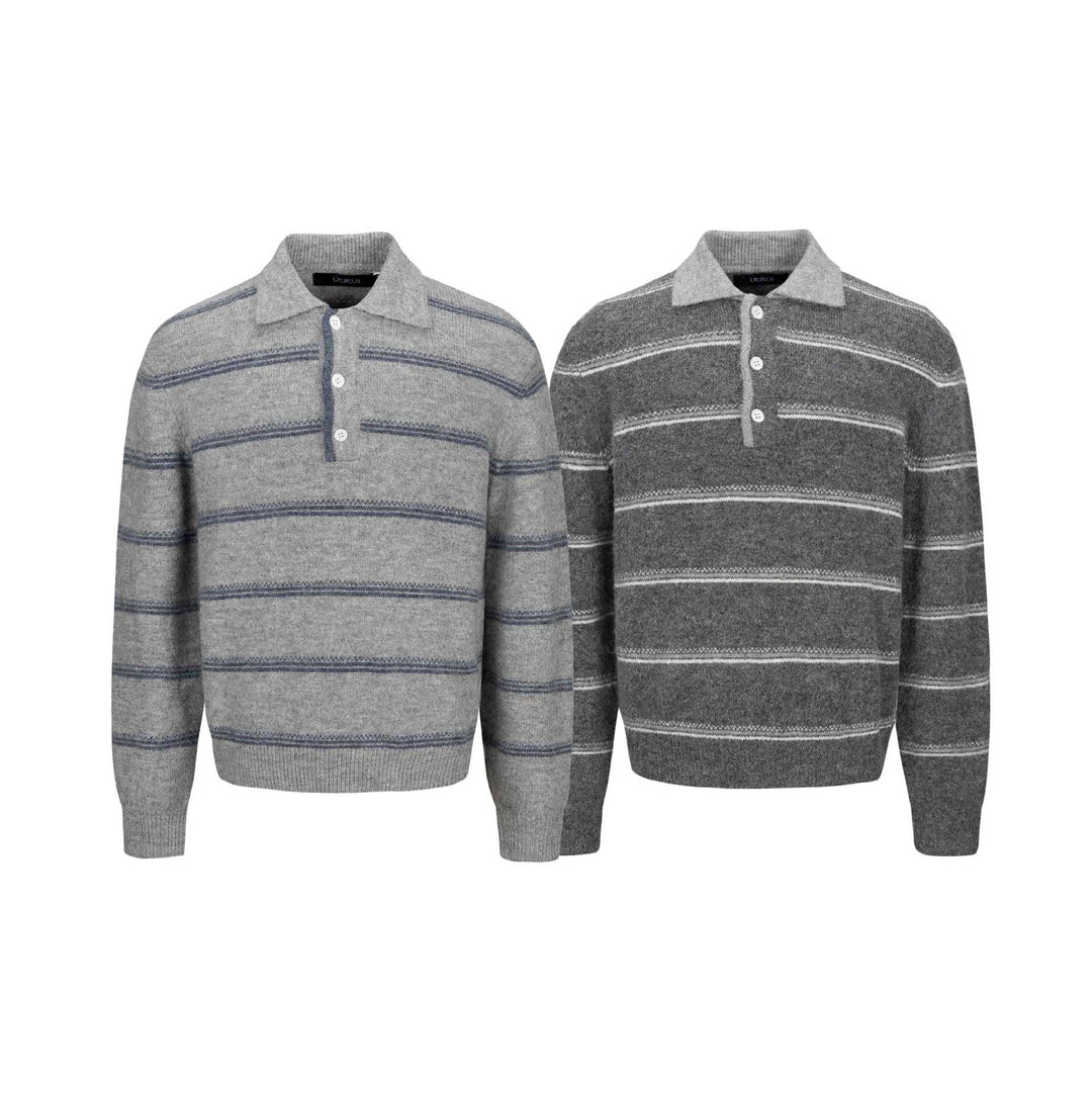 Herren Grobgestrickter Polokragenpullover mit Halbdruckknopfblende und Streifenstruktur Drune