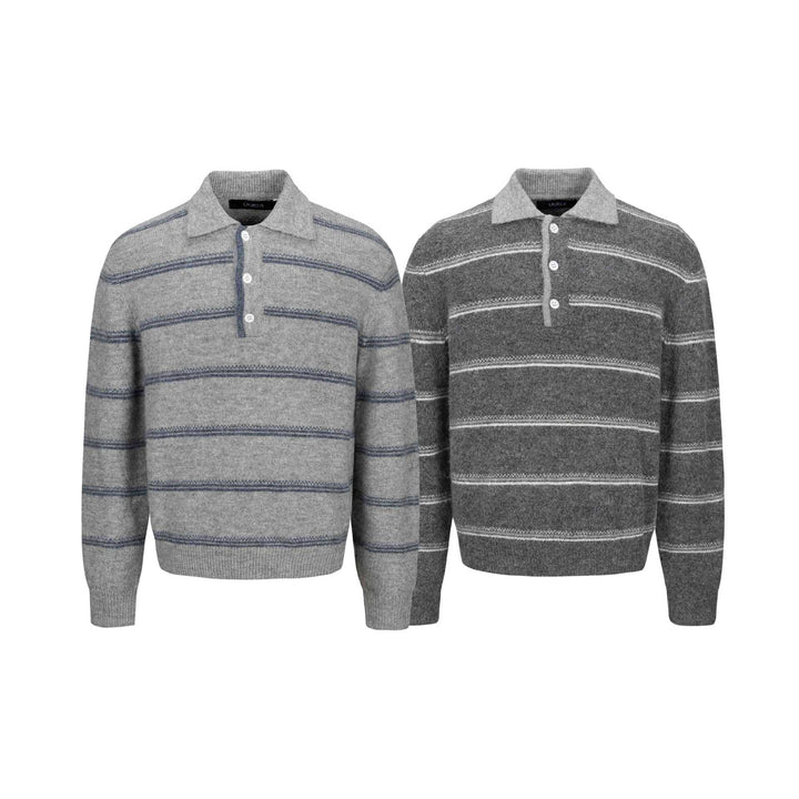 Herren Grobgestrickter Polokragenpullover mit Halbdruckknopfblende und Streifenstruktur Drune
