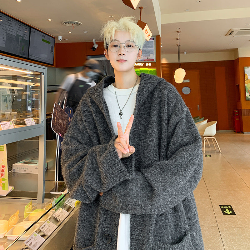 Unisex Oversized Mohair-Optik Strickcardigan mit Kapuze und großen Knöpfen Drune