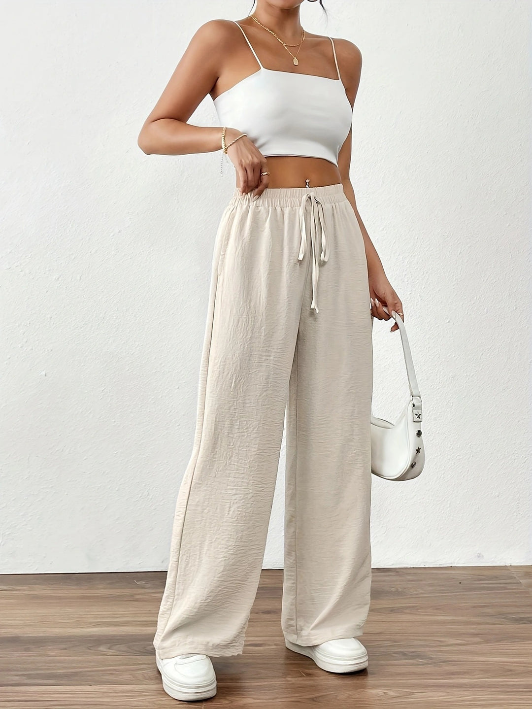 Damen weite Palazzo-Hose mit elastischem Bund und taillierbarem Kordelzug Drune