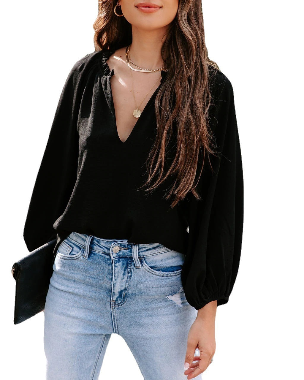 Damen Bluse mit tiefem V-Ausschnitt und eleganten Puffärmeln Drune