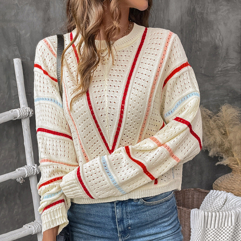 Damen Oversize-Ajourstrickpullover mit V-Streifen-Design Drune