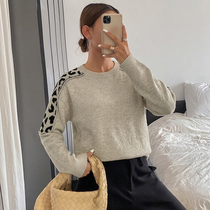 Damen Oversize Strickpullover mit Leo-Jacquard-Schultereinsätzen Drune