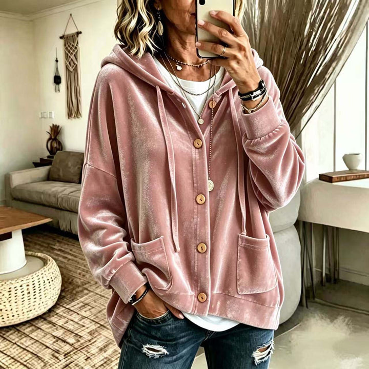 Damen Oversize Kapuzen-Samtjacke mit Knopfleiste und aufgesetzten Taschen Drune