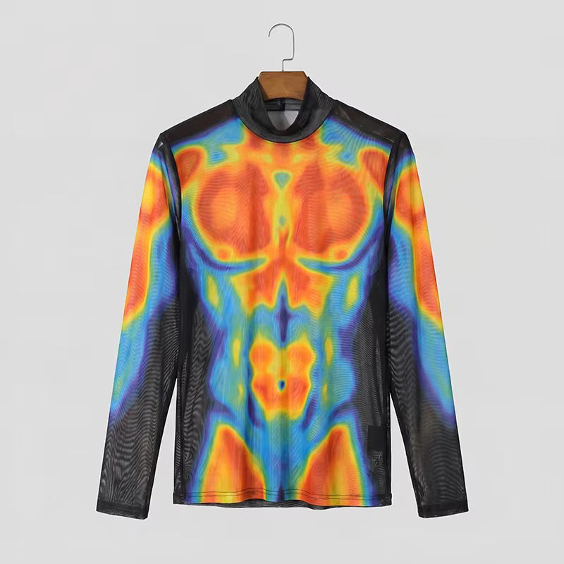 Herren Transparentes Mesh-Langarmshirt mit 3D-Muskeldruck Drune
