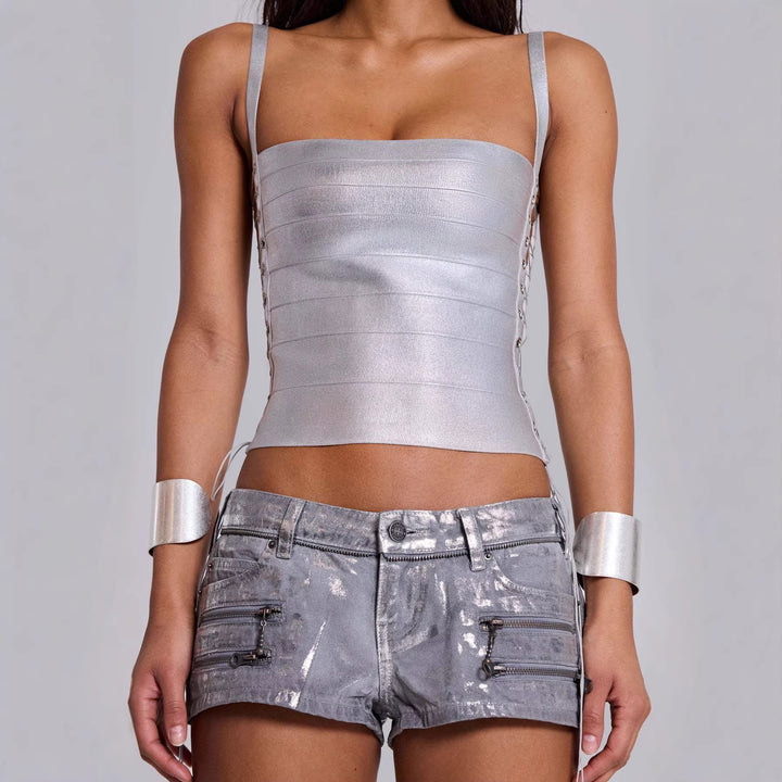 Damen Glänzendes Tanktop mit seitlichen Schnürdetails Drune