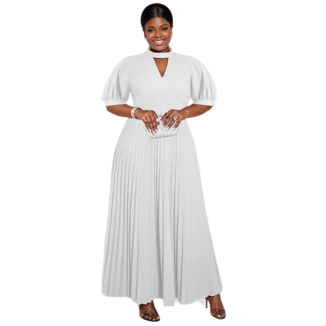 Damen elegantes Maxikleid mit plissiertem Rock und modischem Schlüssel-Ausschnitt Drune