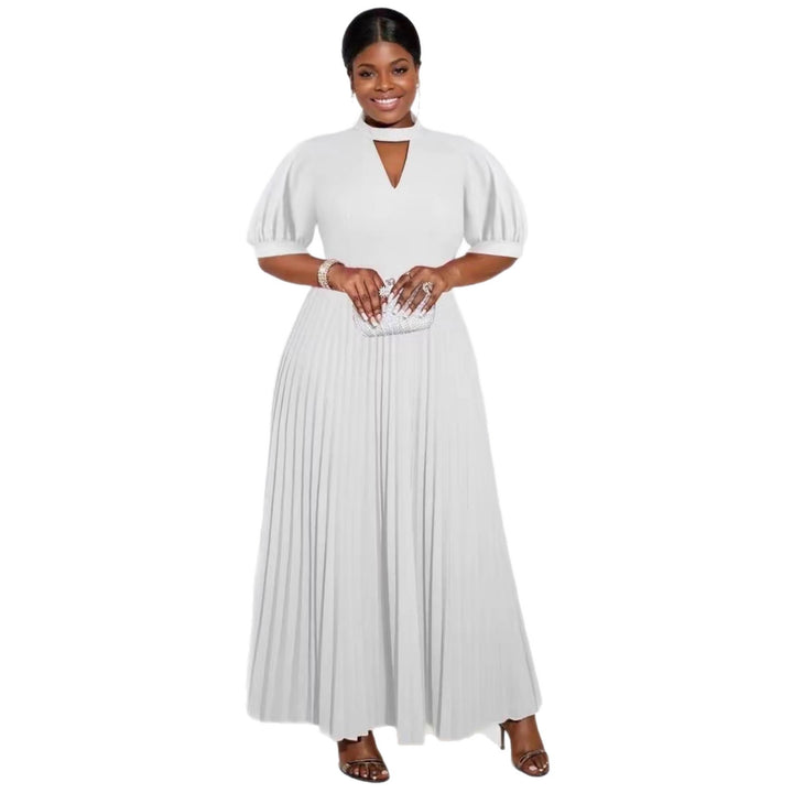 Damen elegantes Maxikleid mit plissiertem Rock und modischem Schlüssel-Ausschnitt Drune