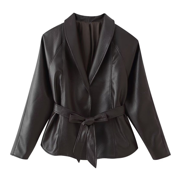 Damen Kurzblazer aus veganem Leder mit Schalkragen und Taillenbindegürtel Drune